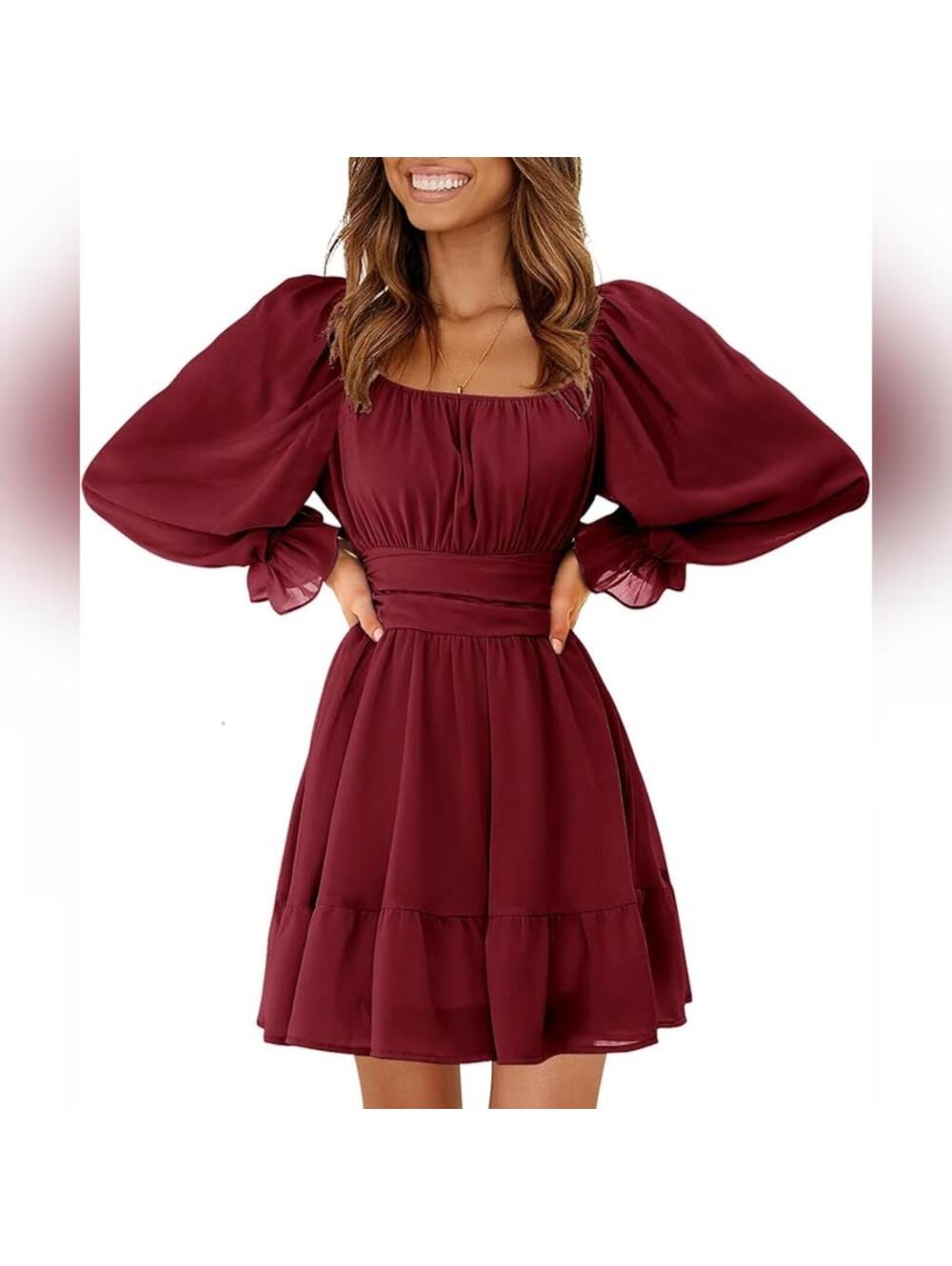 NWT EXLURA Long Lantern Sleeve Ruffle Tie Back Short Mini Dress, Large